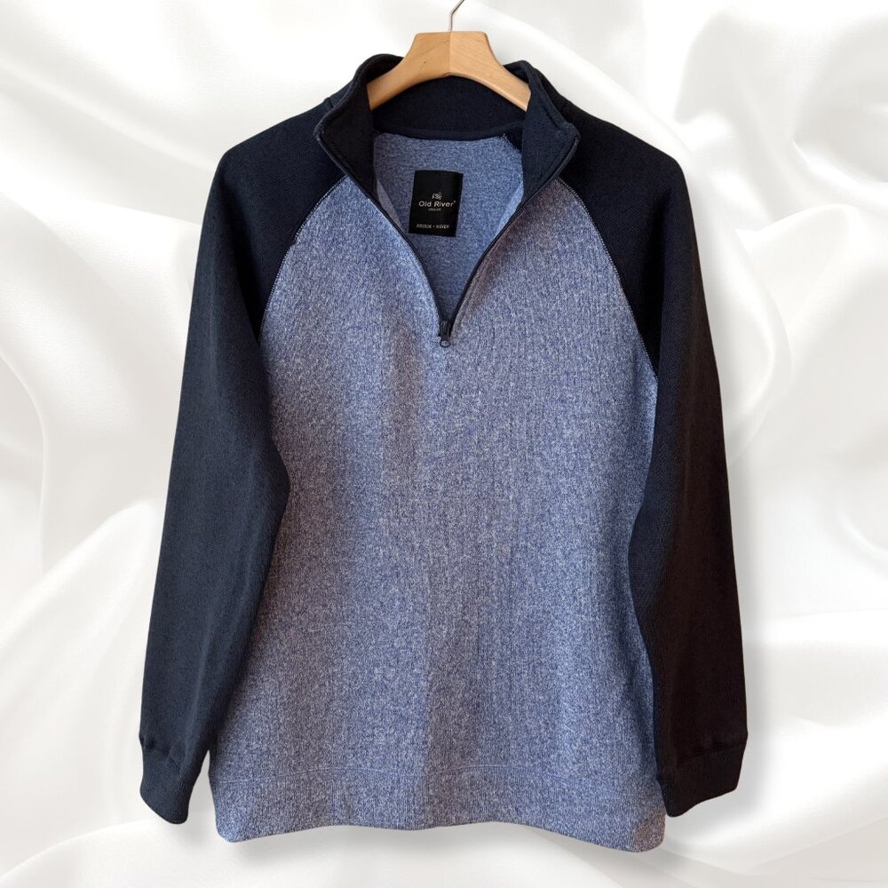 Old River Men’s Two Tone Blue 1/4 Zip Knit Pullover Sweater | Size Medium